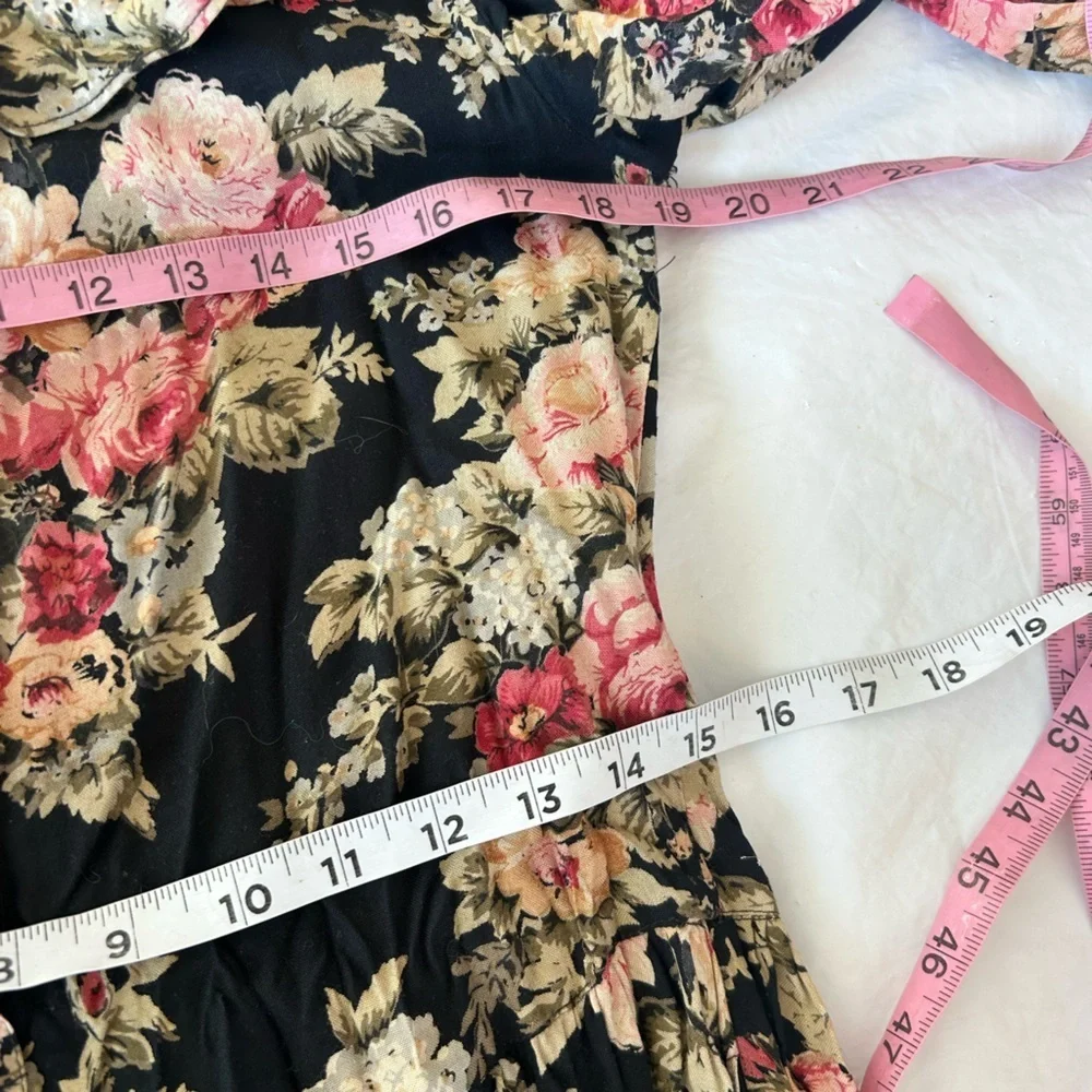 Vintage 90s Cottagecore Dark Floral Sailor Collar Midi Dress Size 7/8